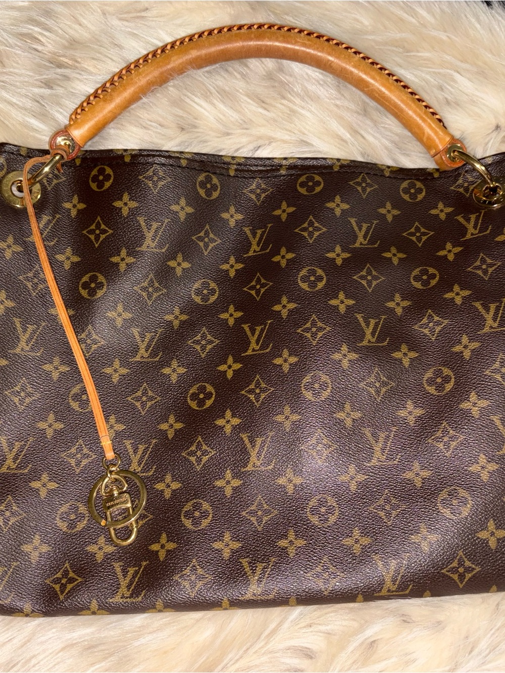 Louis Vuitton Brown Monogram Tote with Tan Leather Handle and Gold Accent
